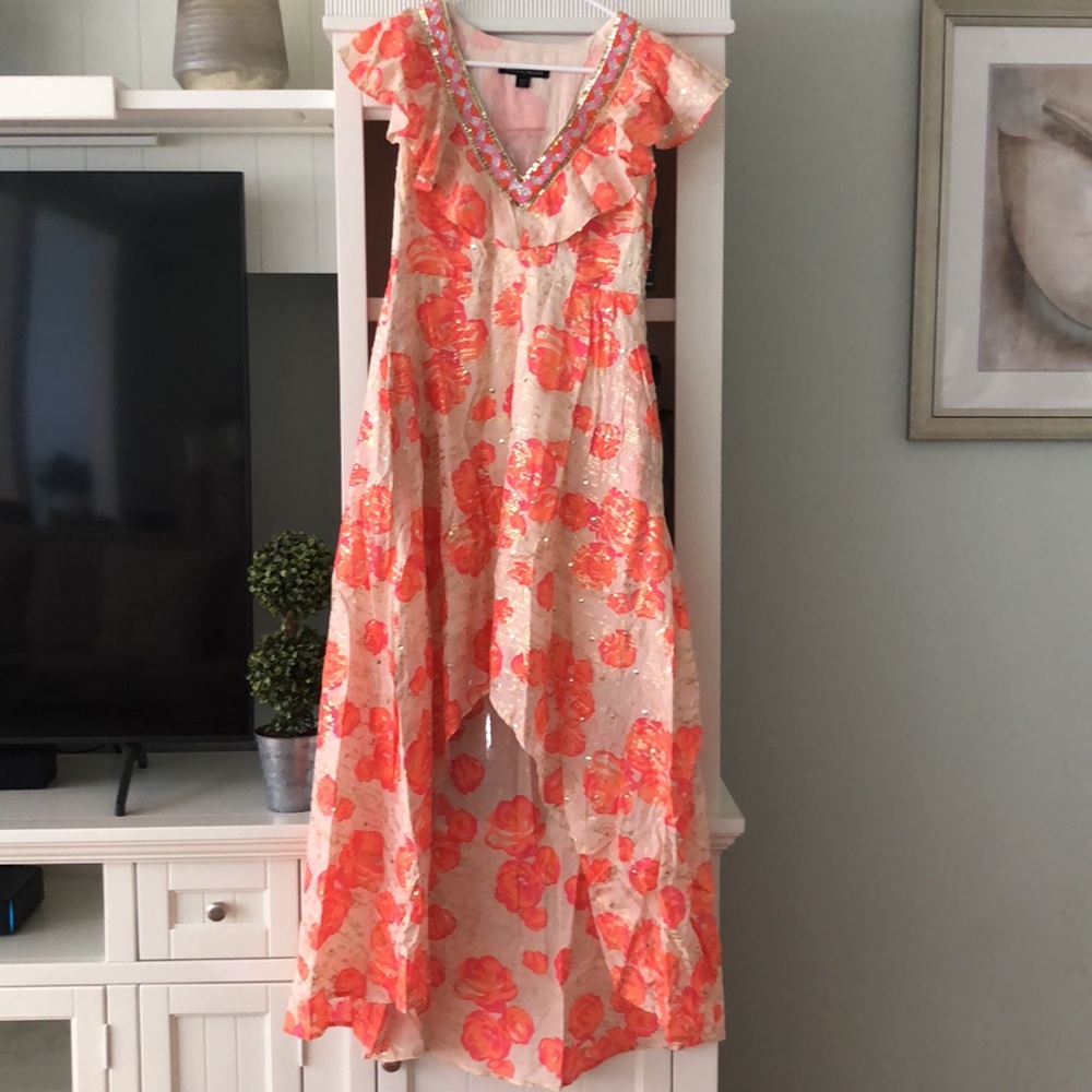 Boston Proper Embellished ruffle high low dress.